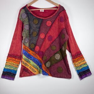 Greater Good Patchwork Boho Top XXL Red Colorful Rainbow Artsy Hippie Raw Edge